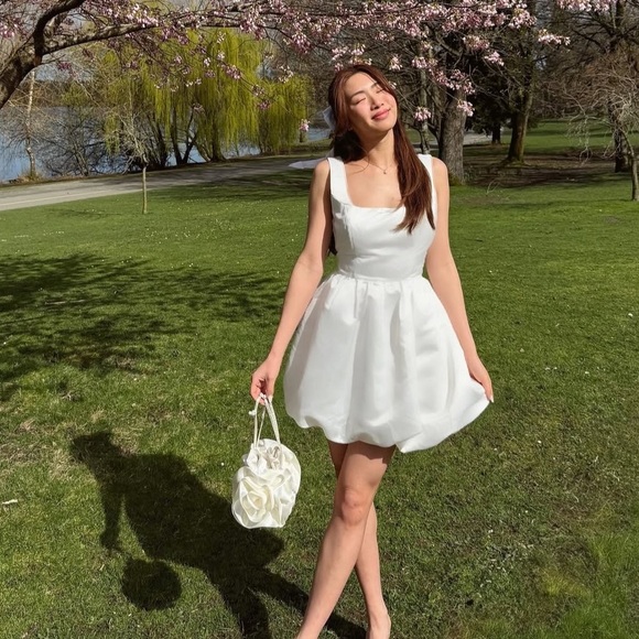 LULU’S Regal Cutie White Satin Square Neck Bubble Hem Mini Dress - Picture 1 of 6